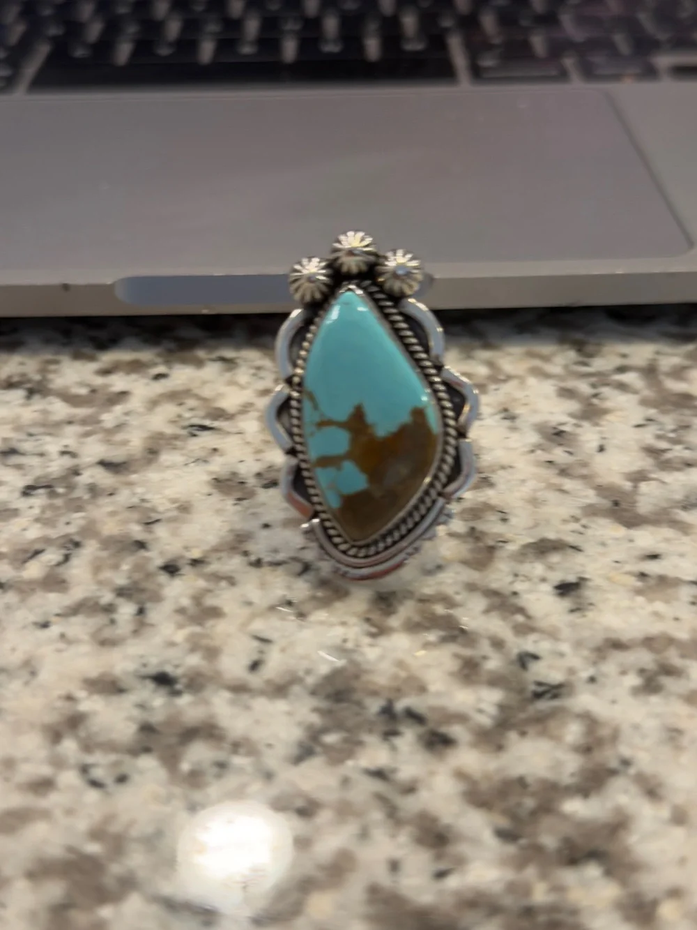 Turquoise Stone Silver Teardrop Ring - Blue Brown Turquoise